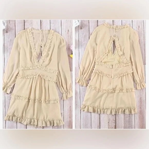 Beige Deep V Neck Ruffle Long Sleeve Floral Print Mini Dress Size XL - Picture 5 of 13